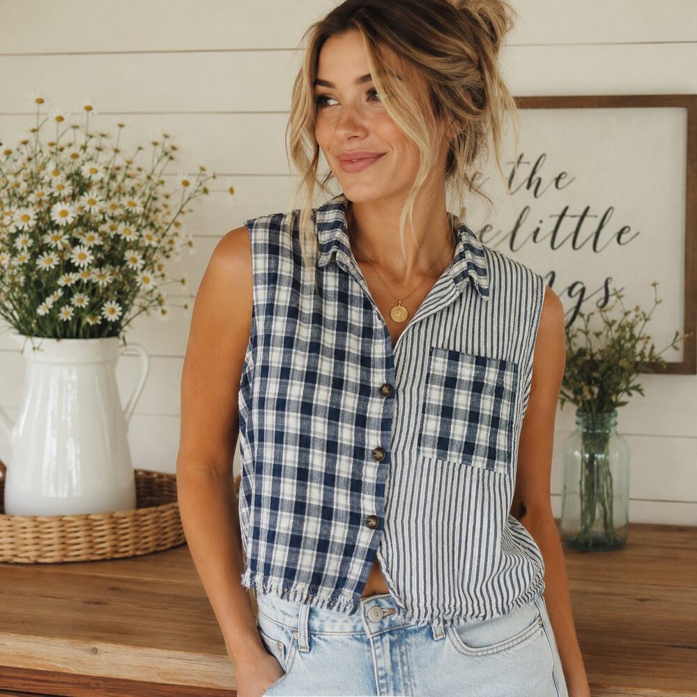 BiBi Sleeveless Crop Top Large Blue Plaid Stripe Raw Hem Cottage Farm Western